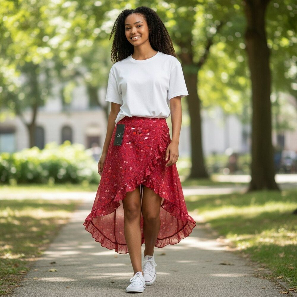The Fifth Label Womens Small Cherry Pink Red Rose Floral High Low Maxi Skirt S